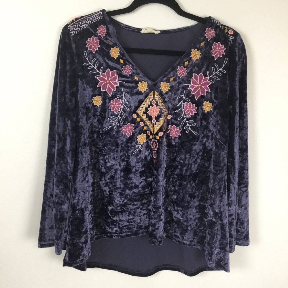 Royal Purple Crushed Velvet Embroidered Bell Sleeve Top ODDY size L